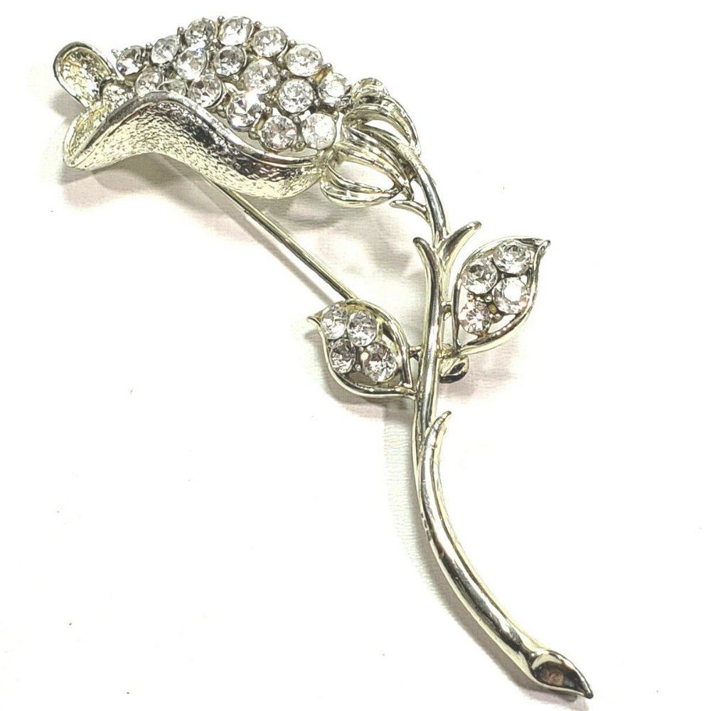 Vintage Coro Silver Rose Brooch Rhinestones